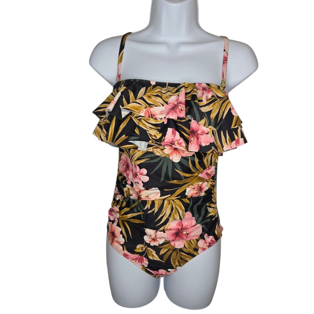 Kona Sol Tropical Hibiscus Ruffle One Piece Swimsuit Flounce Floral Black Small